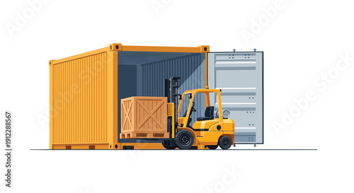 Yellow forklift loading a large wooden crate onto a pallet into an open yellow shipping container.