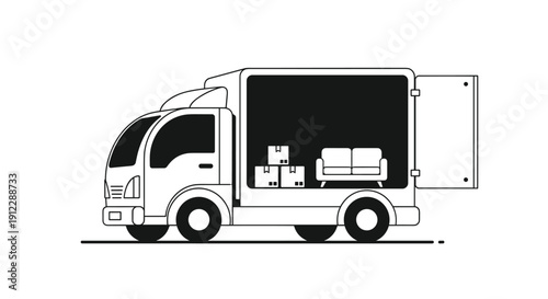 Side view of a moving delivery truck with its rear door open, revealing cardboard boxes and a small sofa inside the cargo area.