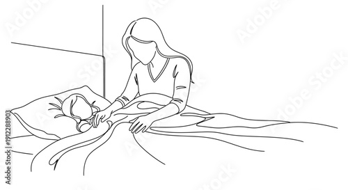 Woman sitting on bed with a child in a peaceful atmosphere.