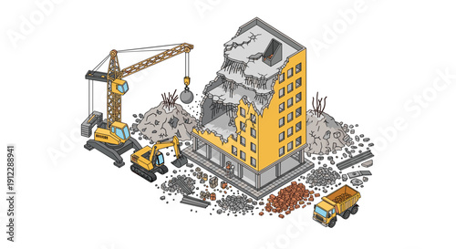 Building demolition scene with a partially destroyed structure, wrecking ball crane, excavator, and dump truck.