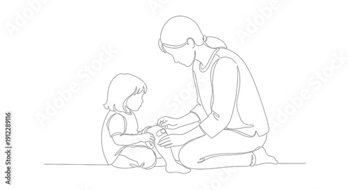 Mother tenderly holding her child's hands in a simple line drawing.