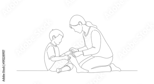 Mother comforting her distressed young son on the floor.