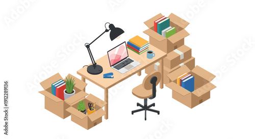 A home office workspace with a wooden desk, laptop, lamp, chair, and numerous unpacked cardboard boxes of items.