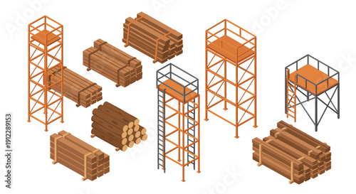 Assorted construction materials feature tall metal scaffolding towers, stacks of wooden planks, and timber logs.