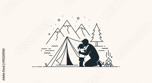 Man kneeling beside tent in mountainous landscape.
