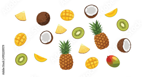 An assortment of whole and sliced tropical fruits including pineapple, mango, kiwi, and coconut.