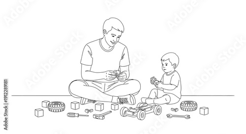 Father and child playing together with building blocks on the floor.