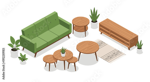 Isometric view of modern living room furniture with a green sofa, wooden tables, cabinet, and potted plants on a white background.