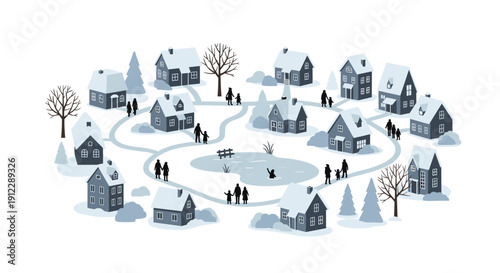 A circular winter village features numerous grey houses, a frozen pond, bare trees, and people enjoying the snowy environment.
