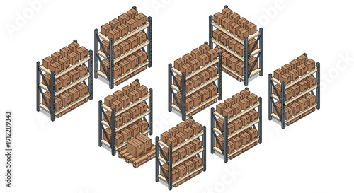 Isometric view of neatly arranged warehouse shelves fully stocked with numerous brown boxes and empty wooden pallets.