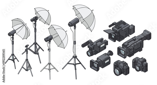 An isometric view showcasing a range of professional studio lighting setups with white umbrellas and various video and DSLR cameras.