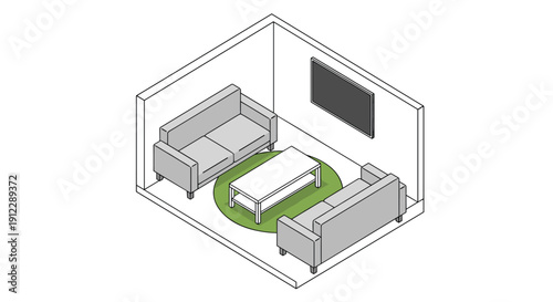 An isometric depiction of a cozy living room featuring two gray sofas, a white coffee table, a green rug, and a wall-mounted television.