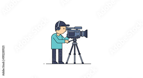 A man wearing headphones and a cap operates a professional video camera on a tripod against a plain white background.