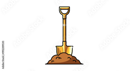 A shimmering golden shovel stands upright in a fresh brown dirt mound with subtle sparkles on a white background.
