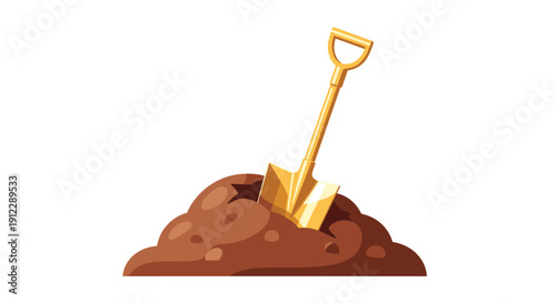 A golden shovel is firmly stuck upright in a fresh brown dirt mound against a clean white background.