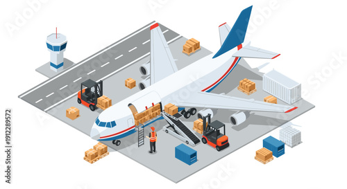 An isometric view shows a large cargo airplane being loaded with boxes and containers by forklifts on an airport tarmac.
