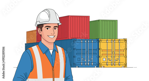 A smiling young male construction worker in a white hard hat and orange safety vest stands before stacked shipping containers.