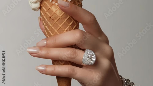 Elegant Female Hand Holding Ice Cream Cone with Luxury Diamond Ring and Manicured Nails
