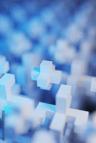 Abstract background of pixel cubes in blue neon light. 3D rendering illustration.