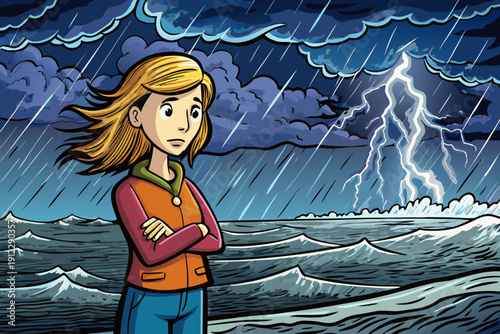 Woman standing in storm contemplating ocean under dark stormy sky strong wind blowing hair lightning flash dramatic conceptual scene symbolizing resilience strength emotion
