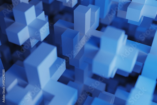 Abstract background of pixel cubes in blue neon light. 3D rendering illustration.