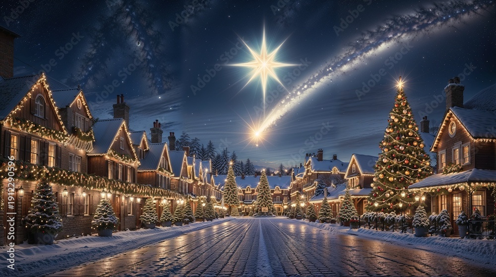 Naklejka premium The first radiant Christmas star glows brilliantly in the velvet expanse of a deep midnight sky, shimmering like a divine beacon above a luxurious Christmas town below