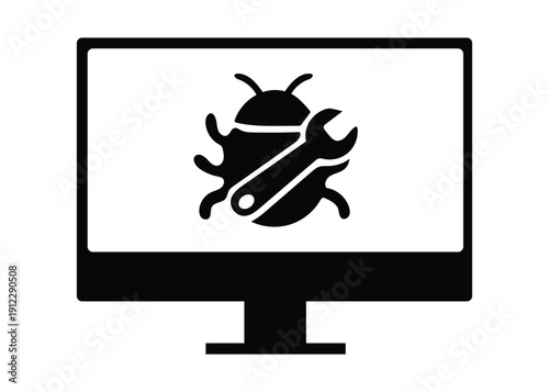 Computer bug repair and maintenance on monitor screen illustration