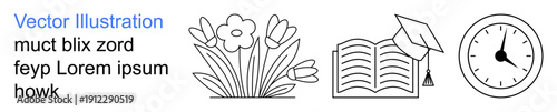 Education, time management, knowledge, nature appreciation, learning tools, academic success. Line art of flowers, open book with cap and clock. Education and time management concepts