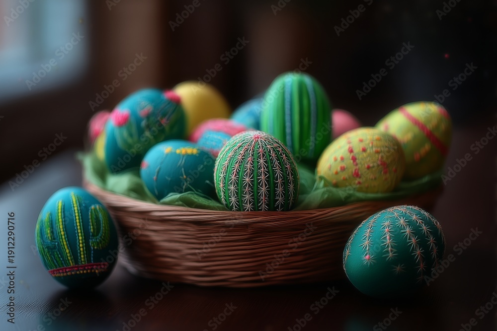 Fototapeta premium Colorful decorated Easter eggs in woven basket on wooden table with green grass