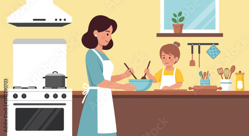 Mother and daughter cooking together in a modern kitchen with appliances and utensils.