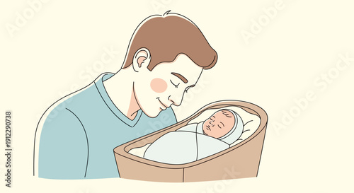 Father Gazing Tenderly at Newborn Baby in Crib.