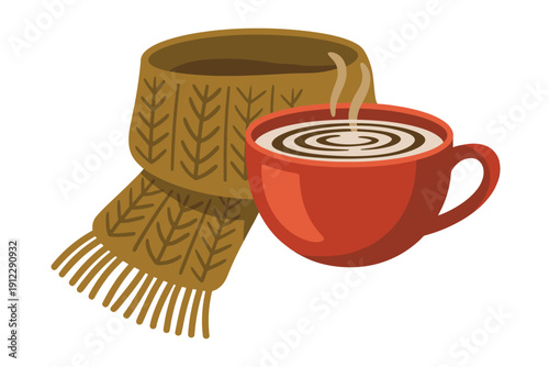 Knitted winter scarf lies next to a steaming red mug of coffee or cocoa.