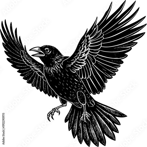 Black bird flying with wings spread wide in clear sky showing strength and freedom in nature Generative AI