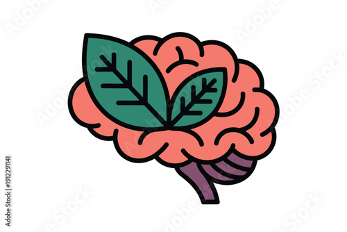 Human brain graphic features two green leaves sprouting from the top surface.