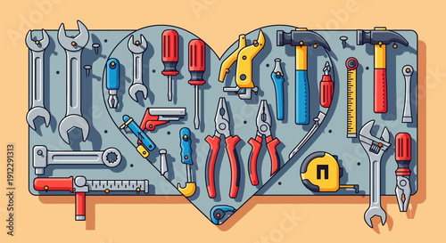 Assorted tools arranged in the shape of a heart.