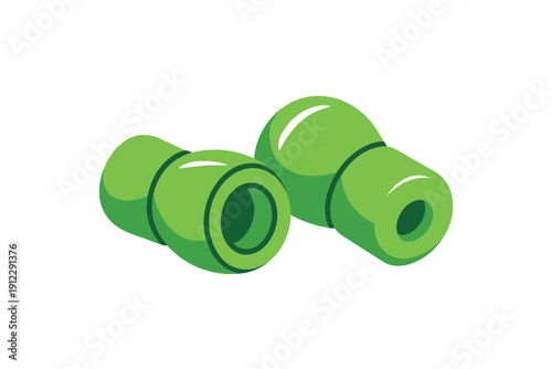 Pair of bright green earplugs rests isolated on a clean white background.