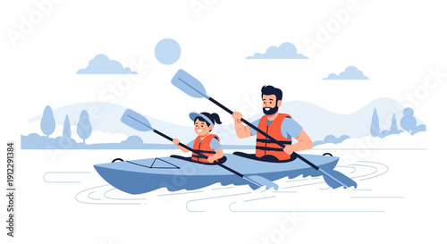 Couple Paddling Tandem Kayak on Serene Lake.