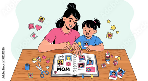 Mother and daughter creating a personalized photo album together.