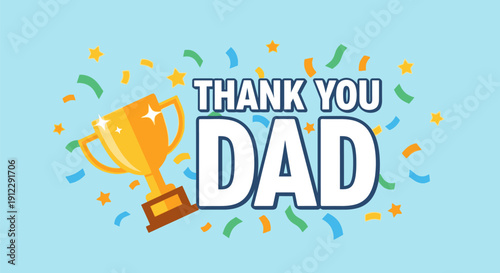 Father's Day thank you card with golden trophy and confetti.