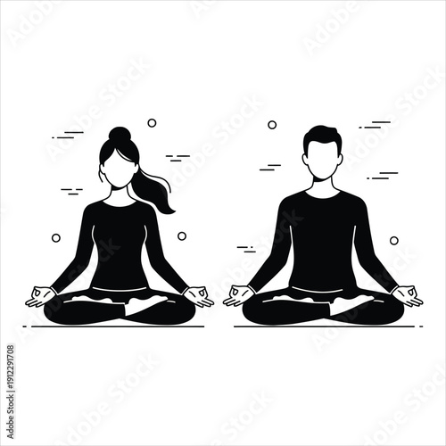 Man and woman meditating cross legged silhouette