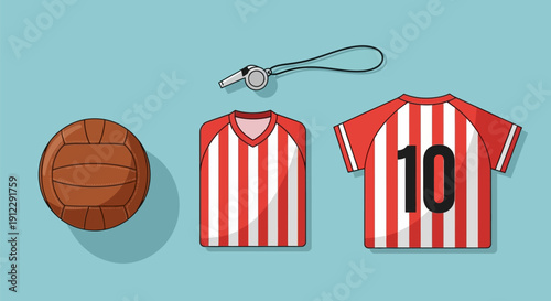 Basketball, striped jerseys, and referee whistle on blue background.