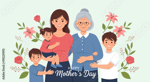 Happy Mother's Day celebration with multi-generational family illustration.