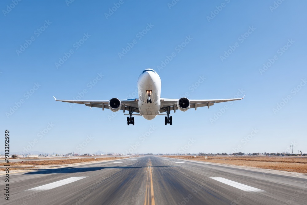 Obraz premium Passenger airplane landing on clear day at busy airport runway