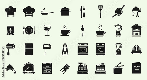 Extensive Set of Restaurant and Food Service Icons on Light Green Background, Chef Hat Kitchen Tools Dining Cafe and Store Symbols