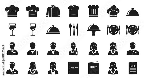Comprehensive Set of Restaurant and Hotel Service Icons on Isolated White Background