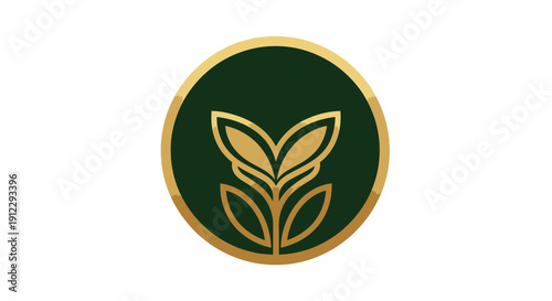 Luxurious Golden Plant Leaf in Dark Green Circle Logo on Isolated White Background