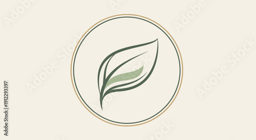 Elegant Green Leaf Logo Design in Golden Circle Frame on Light Beige Background