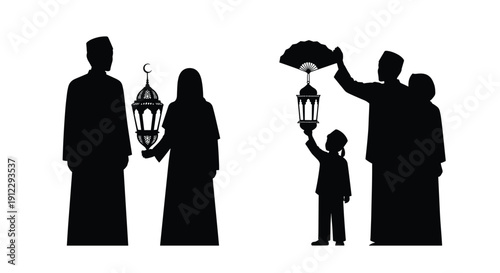 Silhouette illustrations of Muslim families celebrating Ramadan or Eid with lanterns