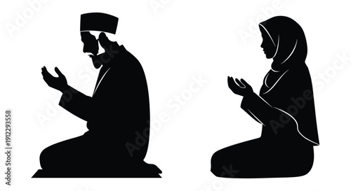 Silhouette illustration of a Muslim man and woman praying together peacefully