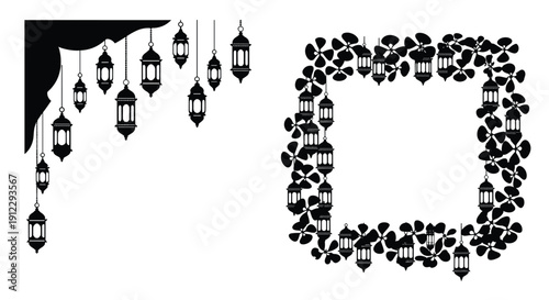 Elegant vector design featuring hanging lanterns and floral frame for Ramadan celebration